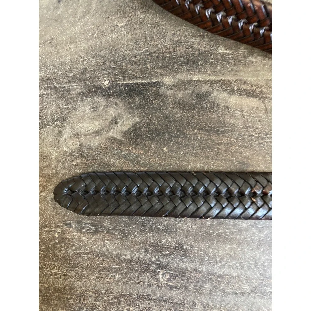 Tommy Hilfiger Mens Brown Braided Leather Belt Size 40 Woven Silver Buckle Logo